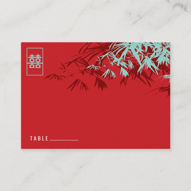 Carte De Placement Feuilles en bambou rouge double bonheur Mariage ch (Devant)