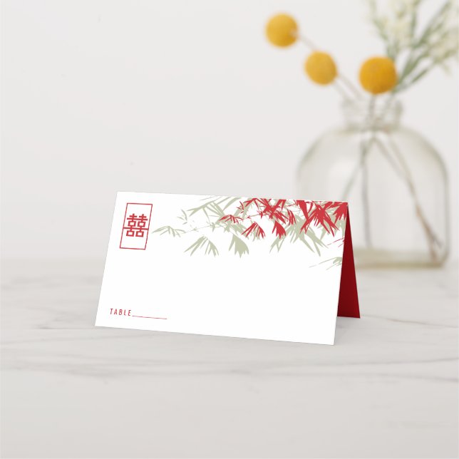 Carte De Placement Feuilles en bambou rouge et mousse Mariage chinois (Devant)