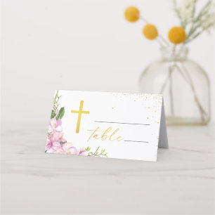 Carte De Placement Fille Baptême Fleurs roses et Gold Gross