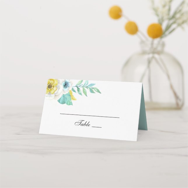Carte De Placement Fleur bleue et jaune. Mariage botanique à la menth (Devant)