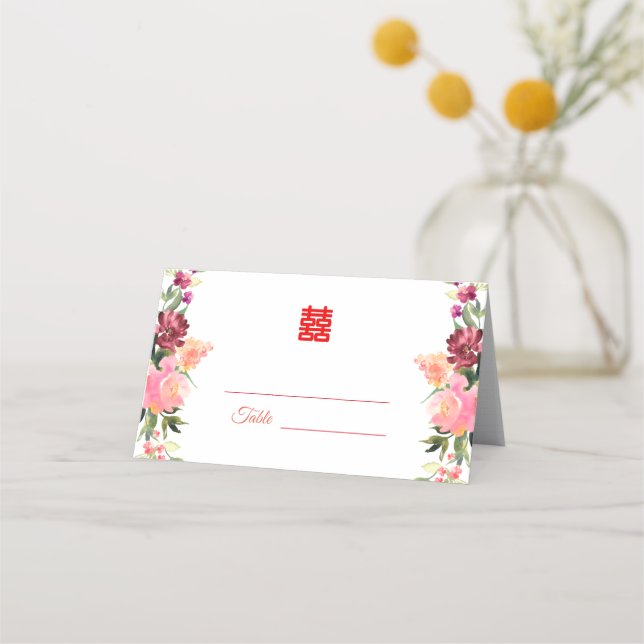 Carte De Placement Fleur d'aquarelle moderne mariage chinois (Devant)