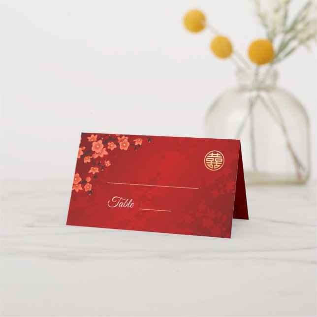 Carte De Placement Fleur Orientale Rouge Or | Mariage Chinois (Devant)