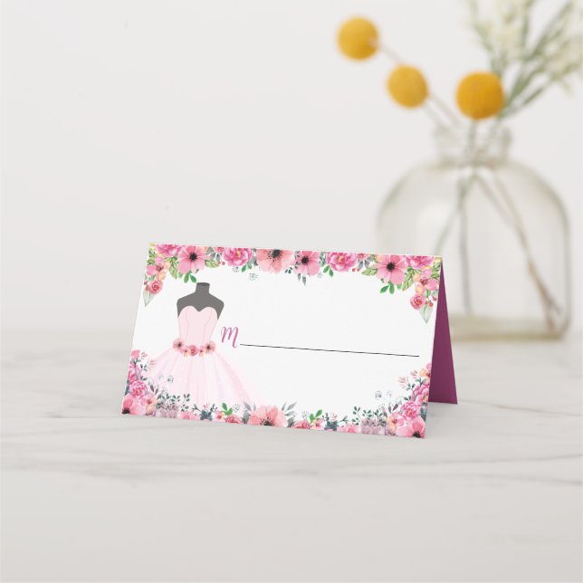 Carte De Placement Fleur rose Quinceanera robe fête blanche (Devant)