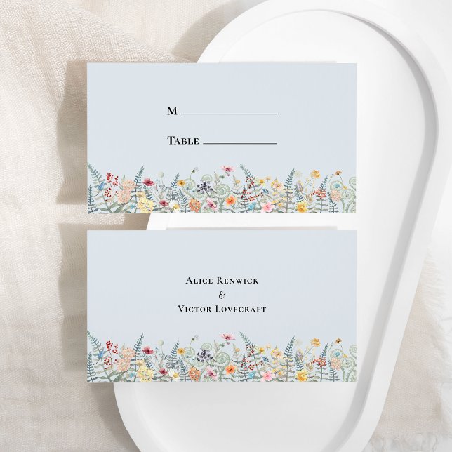 Carte De Placement Fleur sauvage simple Fern Dusty Blue Mariage plat (Créateur téléchargé)