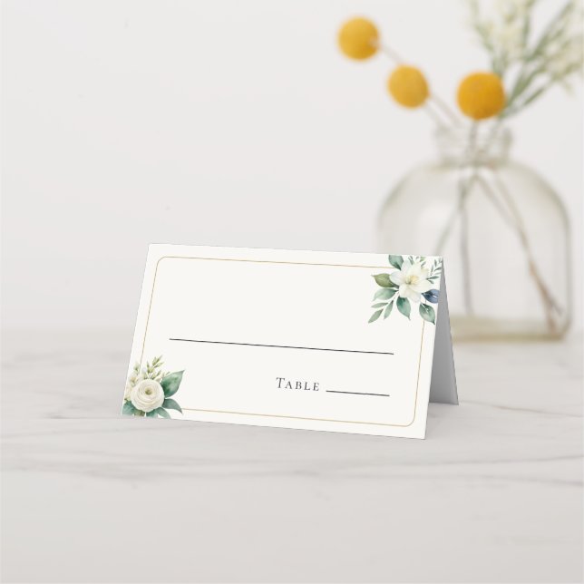 Carte De Placement Fleurs Blanches Élégantes et Verdure | Table de Ma (Devant)