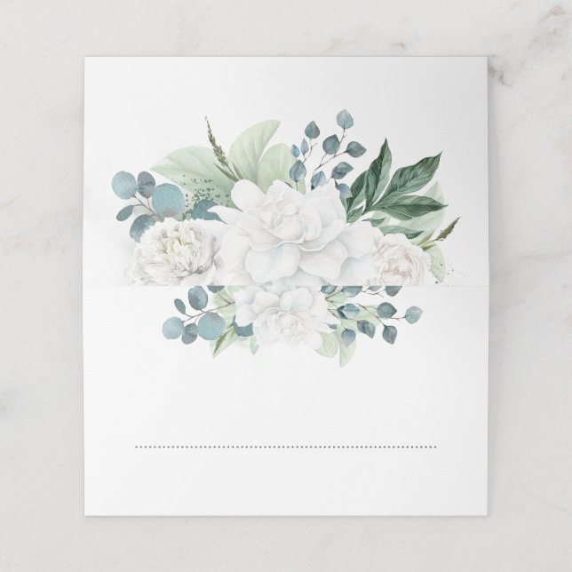 Carte De Placement Fleurs blanches et Eucalyptus Aquarelle Verdure (Extérieur déplié)