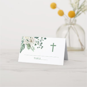 Carte De Placement Fleurs blanches Eucalyptus Baptême