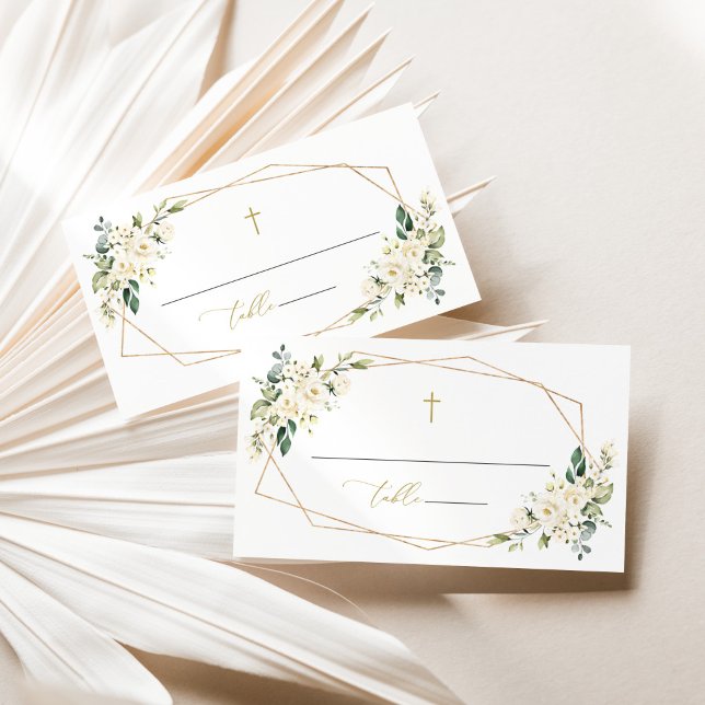 Carte De Placement Fleurs blanches, fleurs crème, verdure, baptême (Créateur téléchargé)