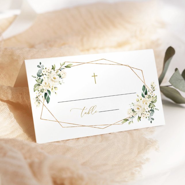 Carte De Placement Fleurs blanches, fleurs crème, verdure, baptême (Créateur téléchargé)