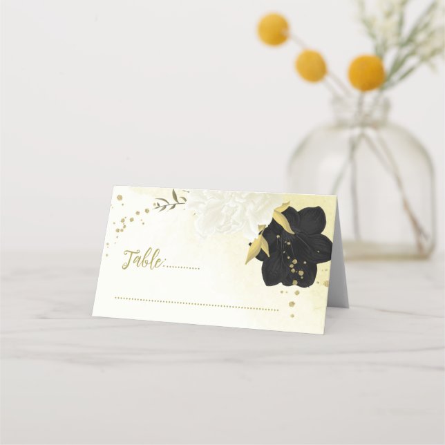 Carte De Placement fleurs blanches noires or feuilles (Devant)