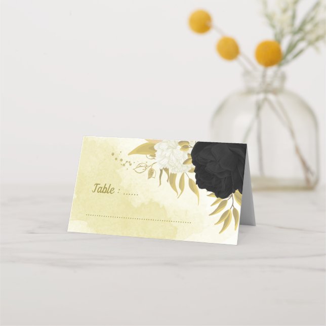 Carte De Placement fleurs blanches noires or feuilles (Devant)