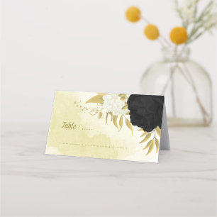 Carte De Placement fleurs blanches noires or feuilles