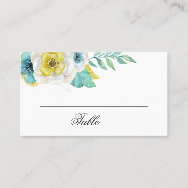 Carte De Placement Fleurs bleu et jaune aquarelle. Mariage floral (Devant)