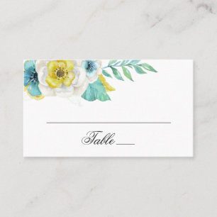 Carte De Placement Fleurs bleu et jaune aquarelle. Mariage floral