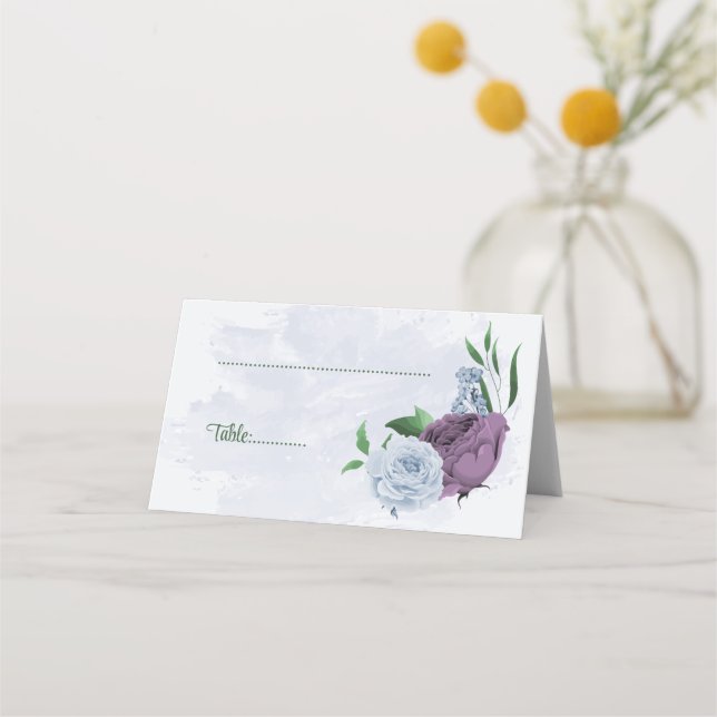 Carte De Placement Fleurs bleu pourpre vert feuille mariage (Devant)