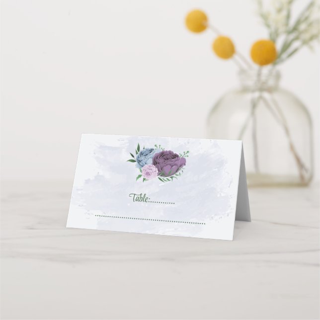 Carte De Placement Fleurs bleu pourpre vert feuille mariage (Devant)