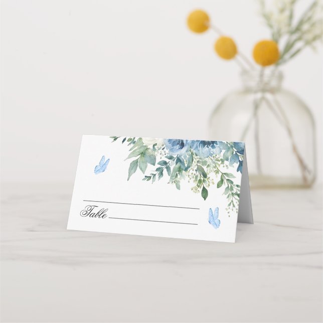 Carte De Placement Fleurs Bleu Poussiéreux Mariage  (Devant)