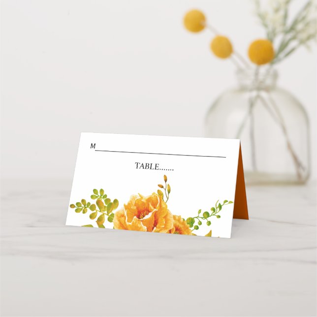 Carte De Placement Fleurs d'aquarelle orange et mariage feuille (Devant)