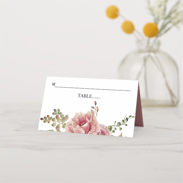 Carte De Placement Fleurs d'aquarelle rose poussiéreuse et mariage fe (Devant)