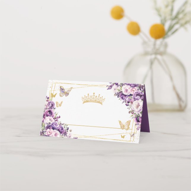 Carte De Placement Fleurs de lilas violet papillons dorés Quinceañera (Devant)