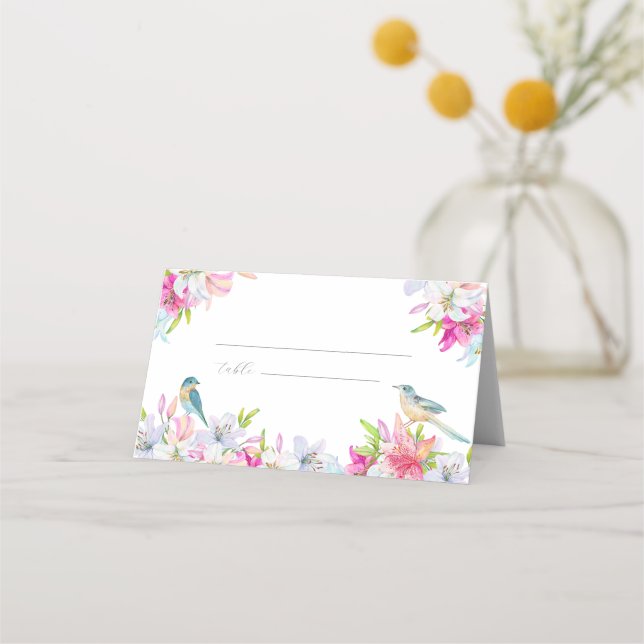 Carte De Placement Fleurs de mariage Lys et oiseaux Aquarelle (Devant)