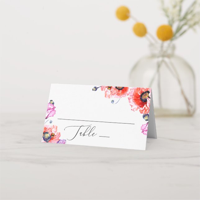 Carte De Placement Fleurs de pavots rouges. Mariage floral aquarelle (Devant)