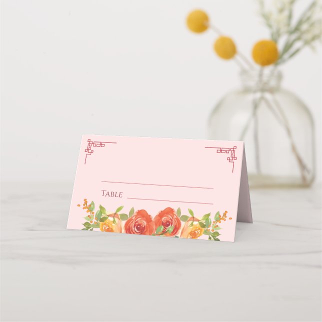 Carte De Placement Fleurs jaunes orange mariage chinois double xi (Devant)