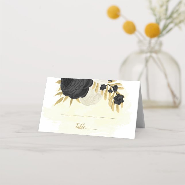 Carte De Placement fleurs noires et blanches or mariage botanique (Devant)