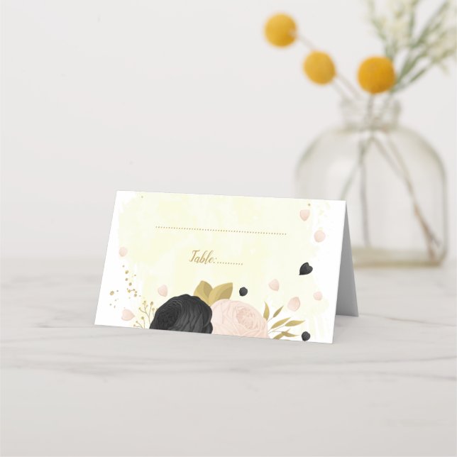 Carte De Placement fleurs noires et roses or mariage botanique (Devant)
