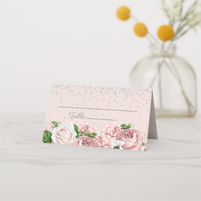 Carte De Placement Fleurs roses élégantes avec paillettes argentées  (Devant)