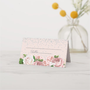 Carte De Placement Fleurs roses élégantes avec paillettes argentées