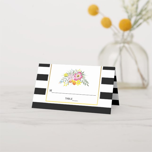 Carte De Placement Fleurs roses et rayures mariage escorte pliée (Devant)