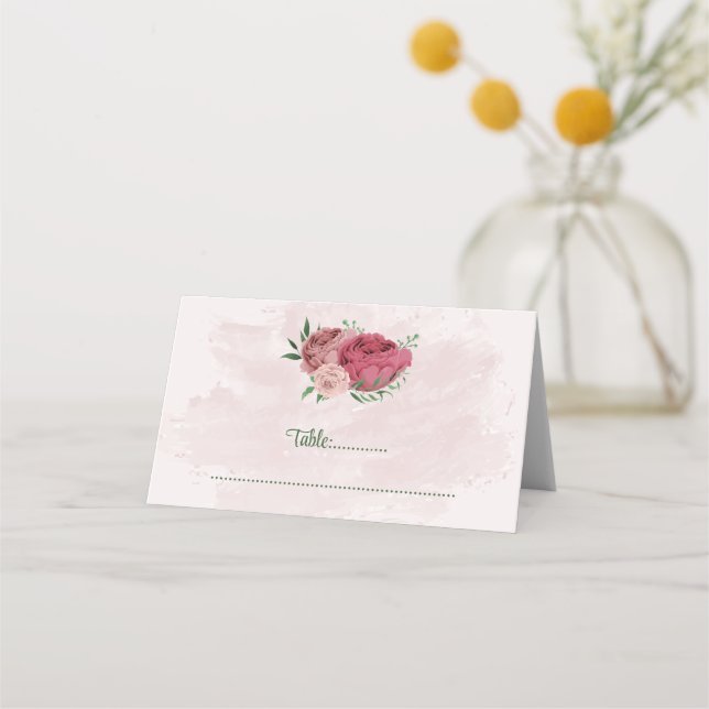 Carte De Placement fleurs roses feuilles vertes mariage botanique (Devant)