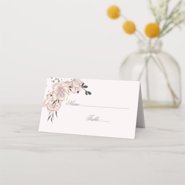 Carte De Placement fleurs roses poussiéreuses feuilles noirs & pétale (Devant)
