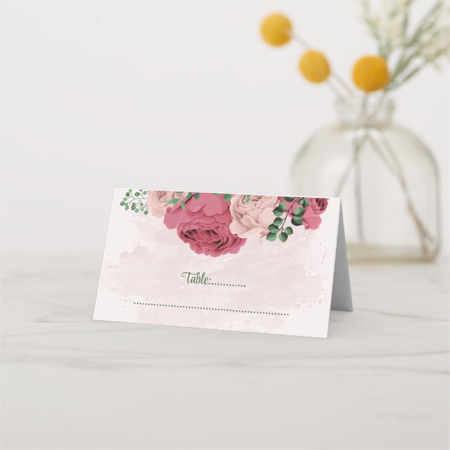 Carte De Placement fleurs roses vert feuille mariage botanique (Devant)