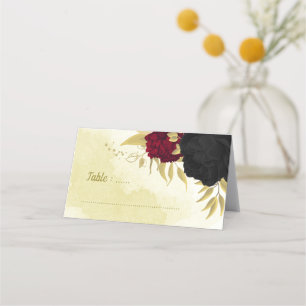 Carte De Placement fleurs rouges noires or feuilles