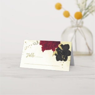 Carte De Placement fleurs rouges noires or feuilles