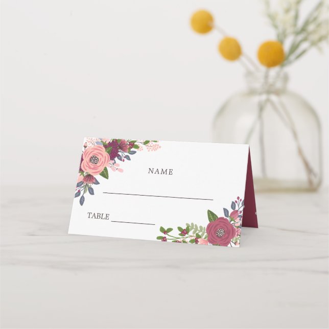 Carte De Placement Fleurs rousses et bordeaux - Noms et Mariage Date (Devant)