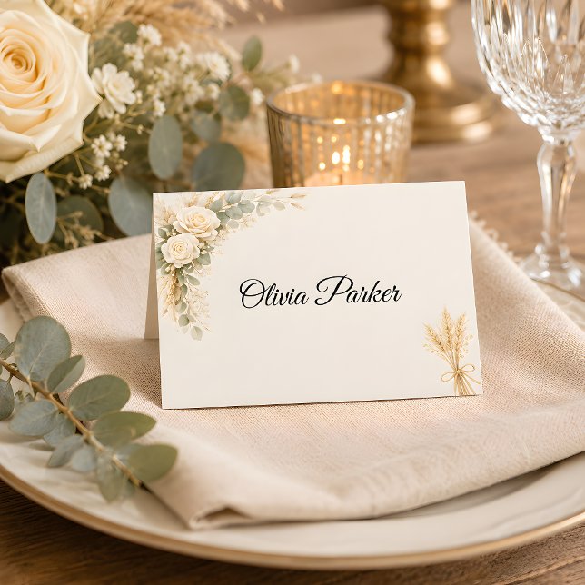 Carte De Placement Fleurs Rustiques Luxueuses Avec Roses Ivoire (Part of the luxury rustic wedding collection, place card)
