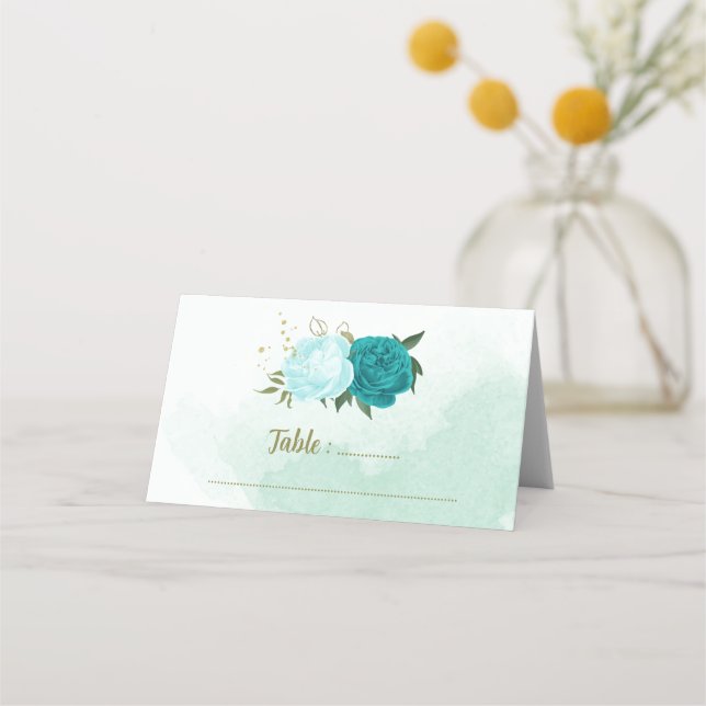Carte De Placement fleurs turquoise vert feuille (Devant)