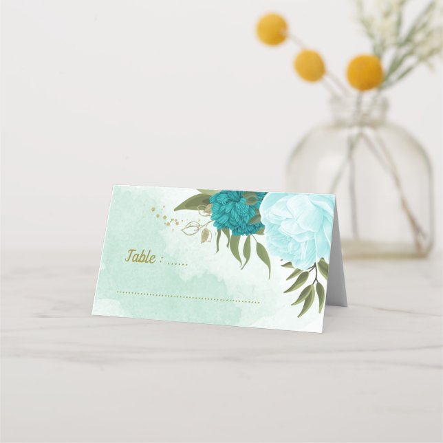 Carte De Placement fleurs turquoise vert feuille (Devant)