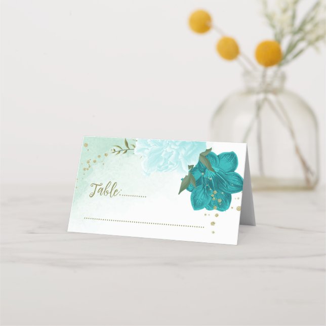Carte De Placement fleurs turquoise vert feuille (Devant)