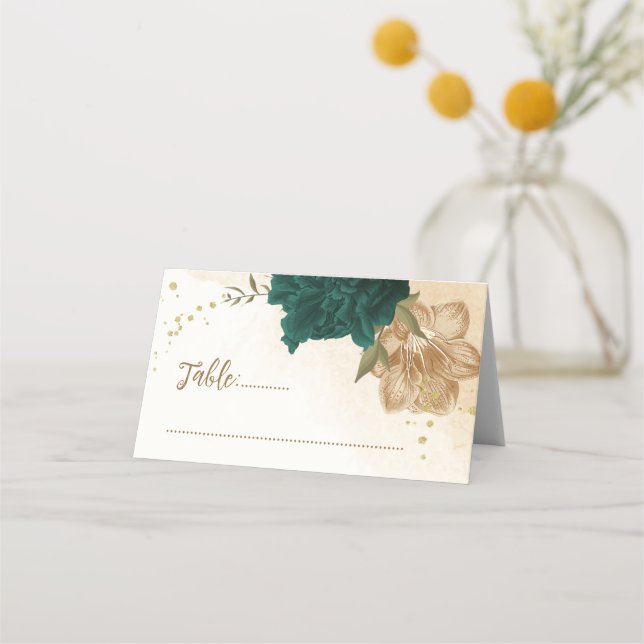 Carte De Placement fleurs vert émeraude et or beige (Devant)