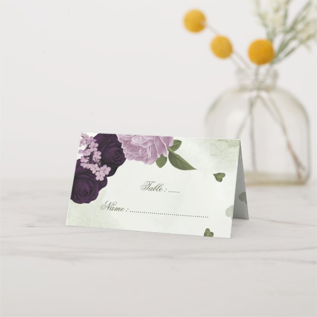 Carte De Placement fleurs violettes foncées et claires verdure (Devant)