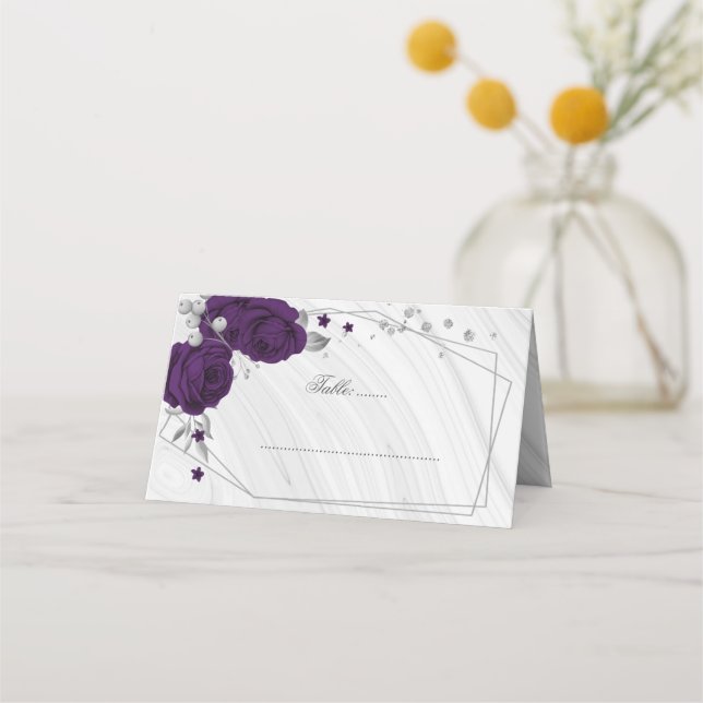 Carte De Placement fleurs violettes royales marbre géométrique argent (Devant)