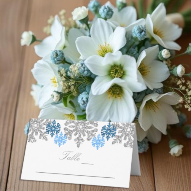 Carte De Placement Flocons de Neige Bleu Argent Mariage d'Hiver (Créateur téléchargé)