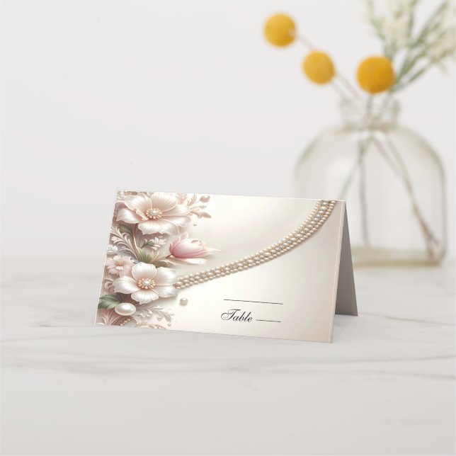 Carte De Placement Floral and Pearl Embellishments Place Card (Devant)