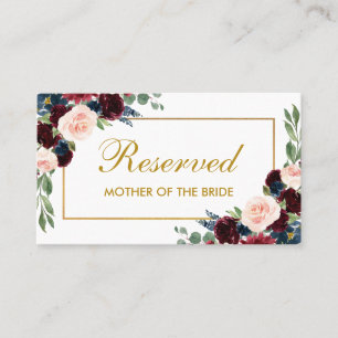 Carte De Placement Floral Burgundy Blue Gold Mariage Nom réservé