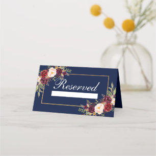 Carte De Placement Floral Burgundy Blue Réservé Mariage