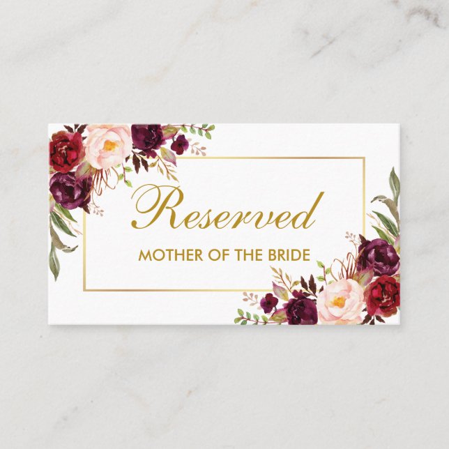 Carte De Placement Floral Burgundy Gold Mariage Nom réservé (Devant)